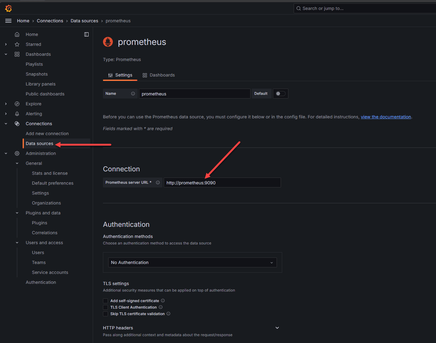 Setting up connection to prometheus in grafana